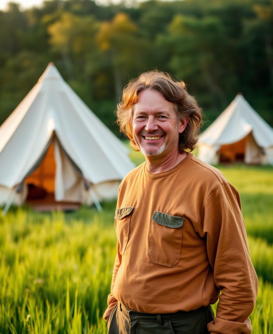 Portret van 【jouw naam】, begeleider bij Proefgrond, buiten in een veld bij canvas bell-tenten