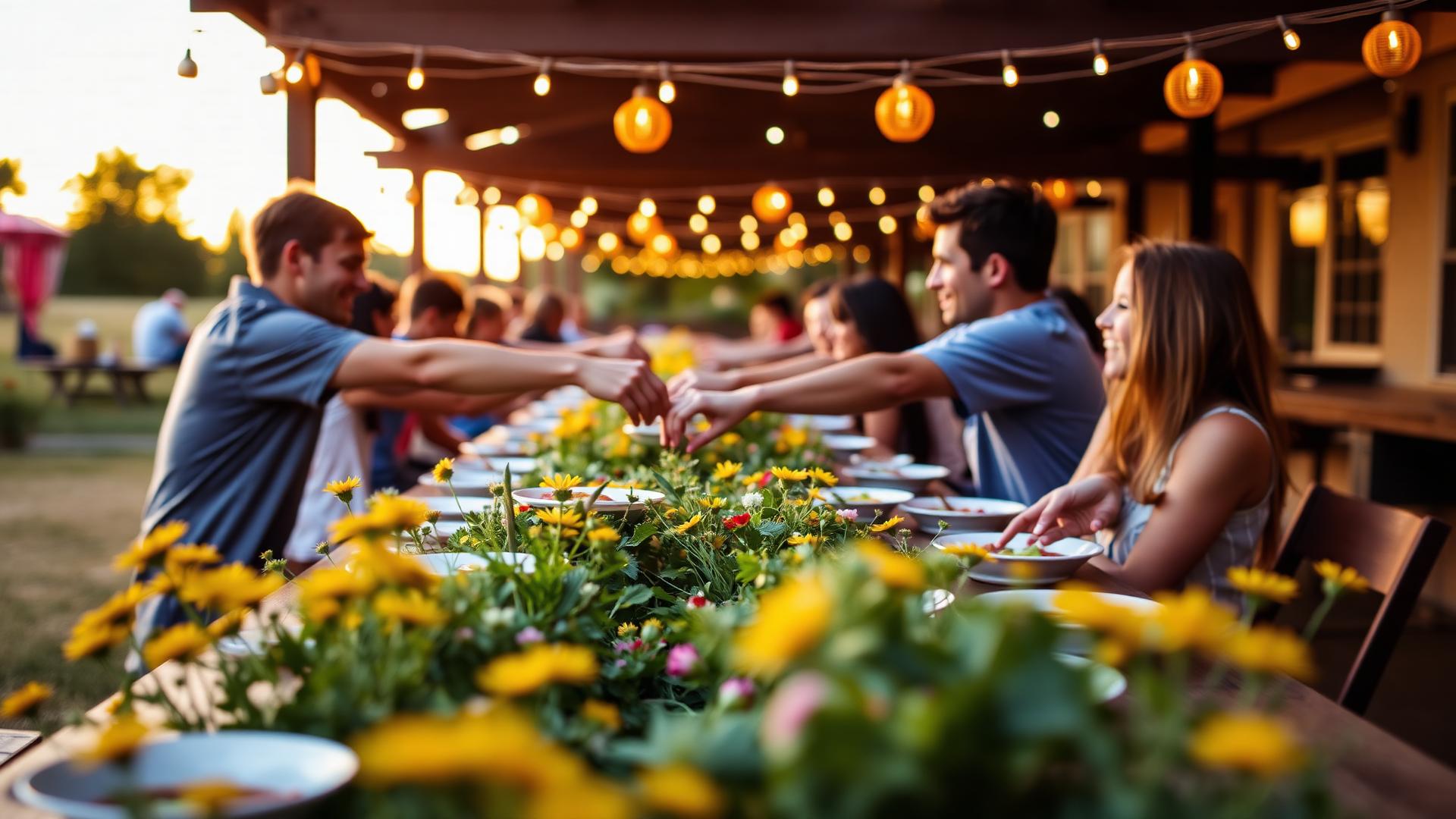 Jonge mensen geven schalen eten door aan een lange buitentafel onder lichtslingers