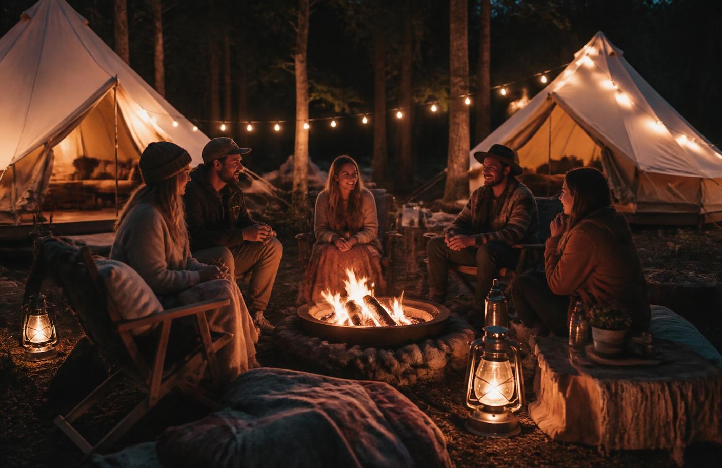 Mensen samen rond een kampvuur bij canvas bell-tenten met lichtslingers in de avond