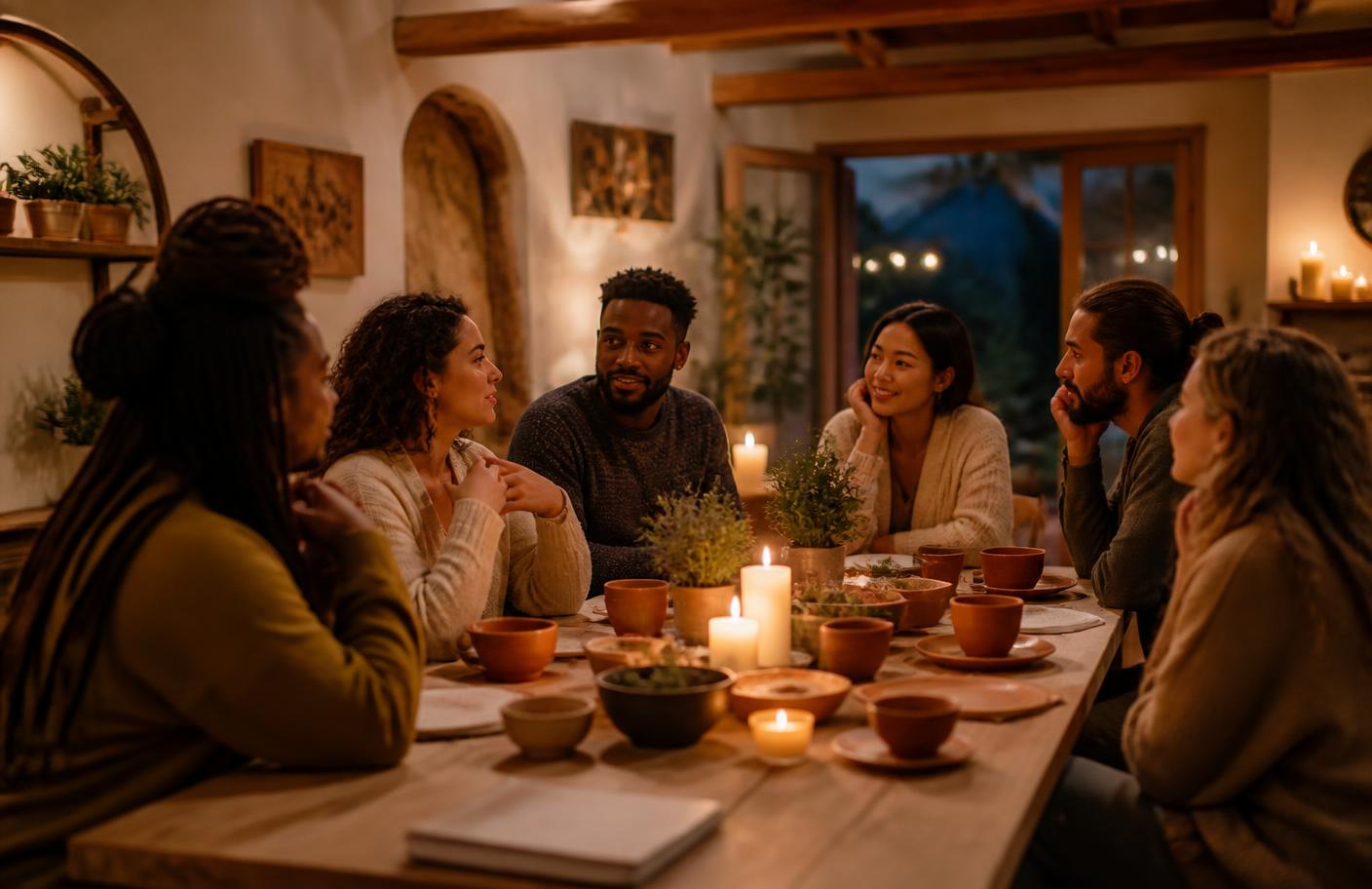 Mensen samen aan een gedekte houten tafel in een warme, huiselijke ruimte met kaarslicht